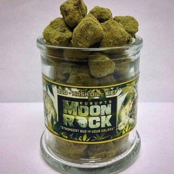 Glass jar filled with chunky cannabis buds, labeled 'Moon Rock' in bold letters on the front.