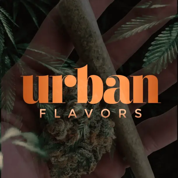 Brand logo 'urban flavors' in peach over a close-up of cannabis buds and a rolled joint dismissed by a hand placeholder text style overlay.