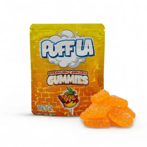 Puff LA Premium Cannabis Gummies package with orange gummies beside it on a white background
