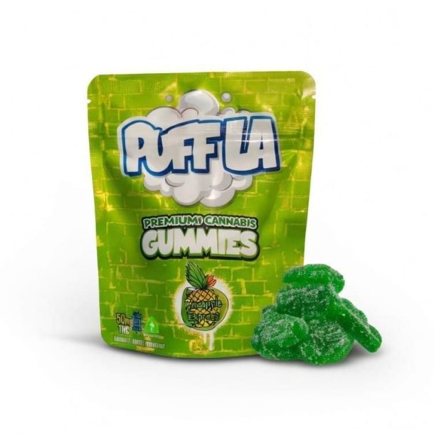 Bright green pouch of PuffLA Premium Cannabis Gummies with green gummy bears beside it; product packaging shown against a white background.
